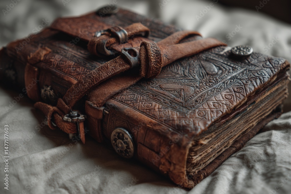 Poster Old leather-bound book with intricate designs resting on a textured surface in warm lighting