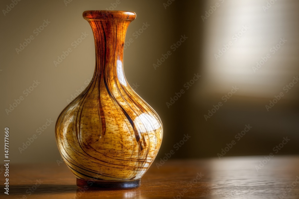 Poster handcrafted decorative vase with intricate design displayed on wooden table indoors