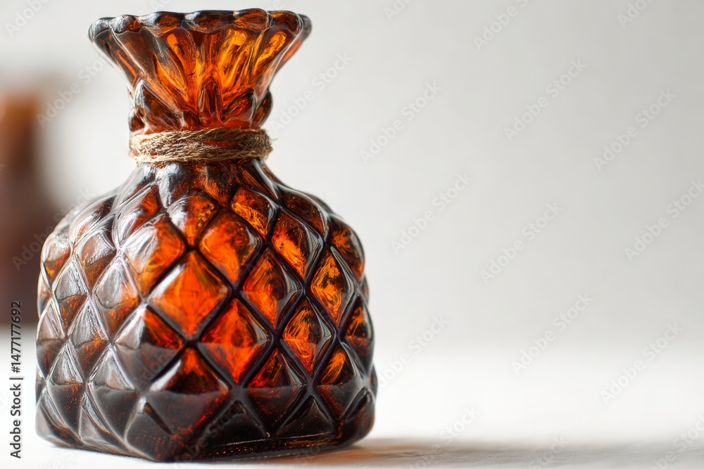 Poster unique vintage amber glass bottle with intricate design displayed on a simple background