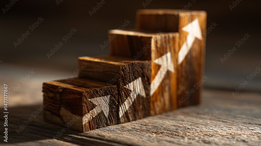 Poster wooden blocks arranged in a staircase formation displaying arrows illustrating growth and success co
