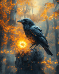 A raven holding a glowing talisman in its beak, misty forest background, dark fantasy style