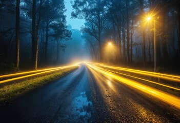 Obraz premium a long exposure captures a wet, winding road illuminated by streetlights and the streaks of passing headlights within a dense, foggy forest.