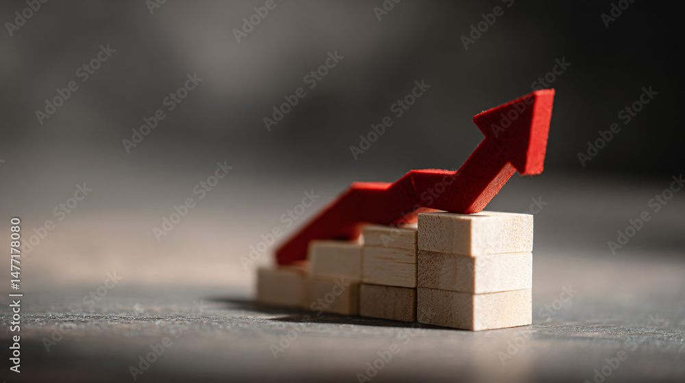 Poster wooden blocks arranged in a staircase with a red arrow pointing upwards, representing growth and suc