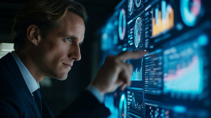 Business Technology: Male Executive Analyzing Corporate Finance Data on Futuristic Digital Interface in an Innovative Workplace