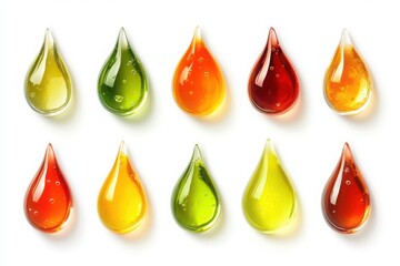 Set of 10 colorful teardrop shaped gel or oil droplets