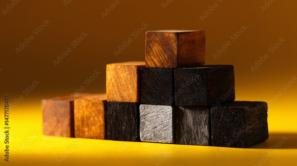 Poster wooden blocks representing progress and growth arranged in a bar graph formation with a yellow backg