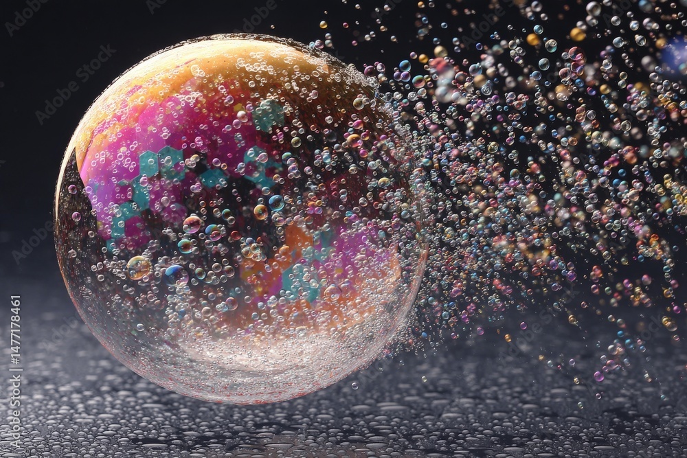 Poster Colorful soap bubble bursting with vibrant textures and tiny bubbles surrounded by moisture