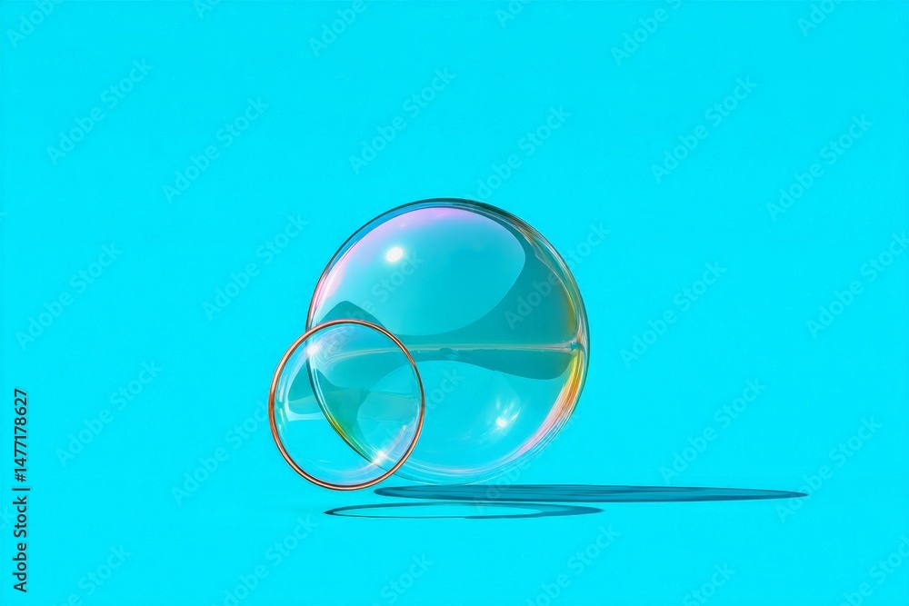 Poster colorful soap bubble on bright turquoise background with reflection and shadow