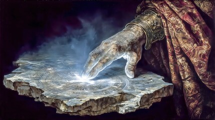 Mysterious hand reaching out to a glowing surface in dark surroundings.