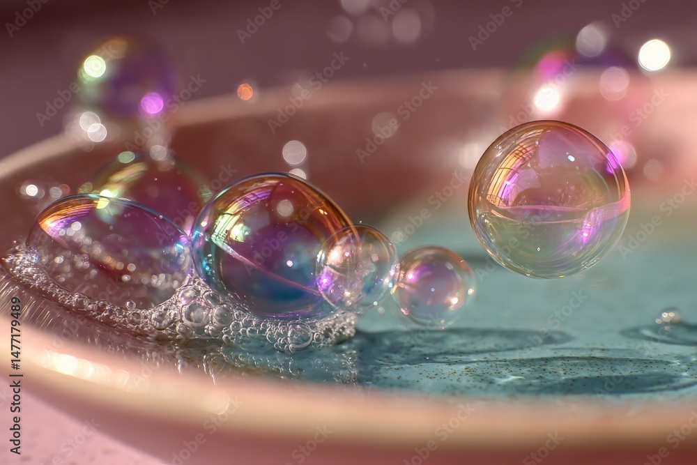 Poster Colorful bubbles floating above a shimmering surface in a close-up capture during daytime