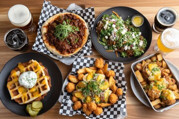 Delicious variety of comfort foods served on wooden table in casual dining atmosphere
