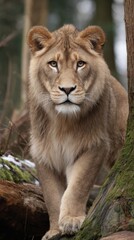 Obraz premium Young Lion Walking Through a Wooded Area with Mossy Trees and Logs Close Up Portrait