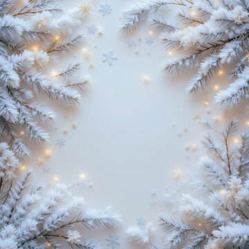 Fototapeta A close-up view of Christmas tree branches blanketed with fresh snow, captured against a crisp white background. The delicate snowflakes add a serene winter touch to the festive scene.  