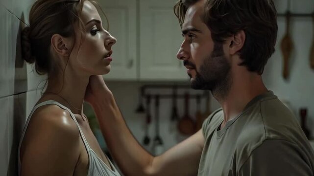 Marital abuse and domestic violence, a woman being sexually intimidated by a man in a bedroom