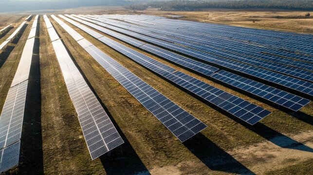 Solar panels arranged in rows in a field generating renewable energy.