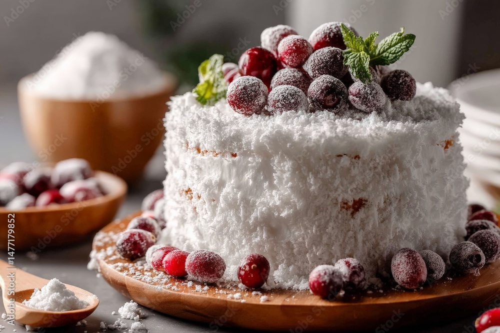 Poster delightful winter dessert with snowy frosting and fresh cranberries on a rustic wooden table
