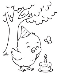 Coloring book chick wearing a party hat smiles happily at a small birthday cake with a lit candle. 
