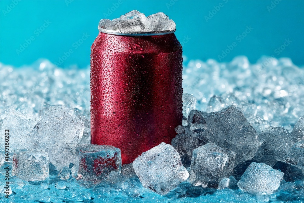 Poster refreshing cold drink can surrounded by ice cubes on a bright blue background in a summer setting