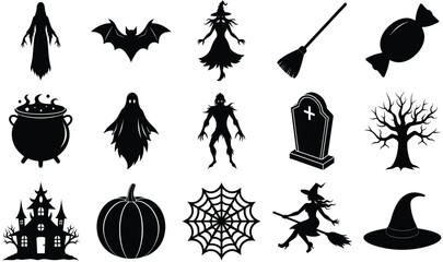 Halloween Icons Black Silhouettes Collection Set