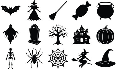 Halloween Icons Black Silhouettes Collection Set