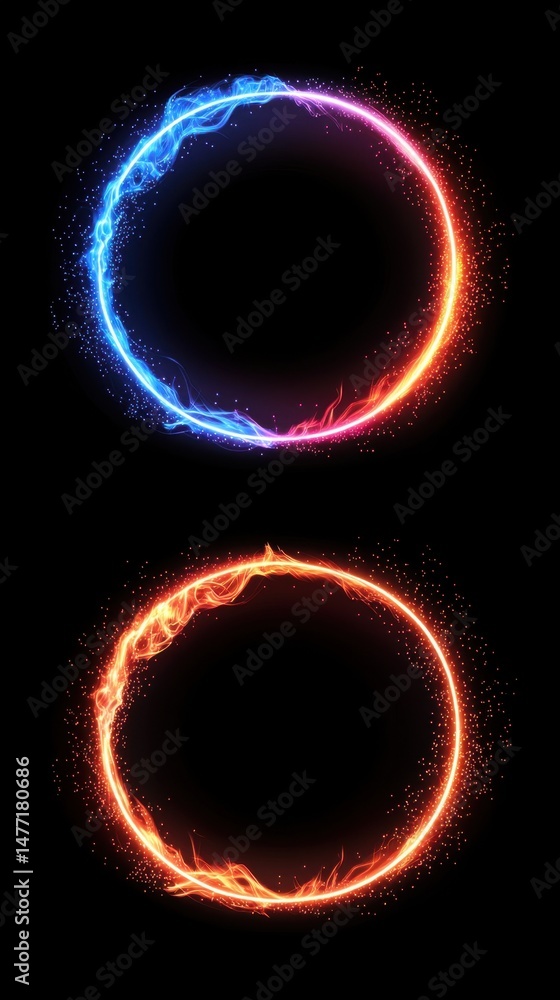 Poster two glowing circles on black background with fire and ice theme abstract design element