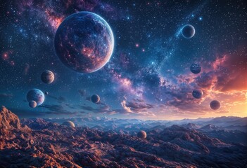 a vibrant and expansive cosmic landscape featuring multiple planets suspended above a rugged, mountainous terrain bathed in the warm glow of a colorful nebula.