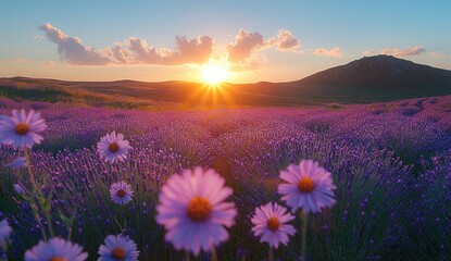 Obraz premium Majestic sunset over a vibrant lavender field.