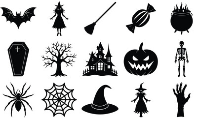 Fototapeta premium Halloween Icons Black Silhouettes Collection Set