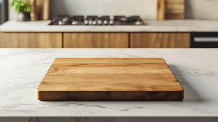 A classic wooden cutting board used in culinary settings, made of solid wood, placed on a kitchen countertop.