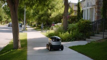 A delivery robot navigates a suburban sidewalk in a sunny neighborhood environment.