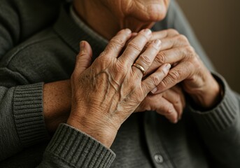 Fototapeta premium Elderly couple embrace, Love connection, Affectionate hug, Warm portrait, Realistic hands, Touching moment