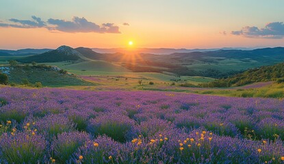 Vast lavender field at sunrise over rolling hills.