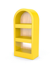 A bright yellow, three-tiered display shelf with a rounded top and light wood-toned backing stands isolated on a clean white surface