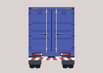 A container truck viewed from the back showcases its sturdy design and vibrant colors, enhancing the industrial environment