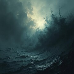 Dark stormy ocean waves crash against twisted, leafless trees under a cloudy, moody sky with eerie lighting.
