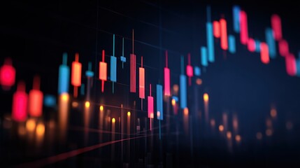 Abstract financial stock market data chart with colorful candlesticks on dark background.