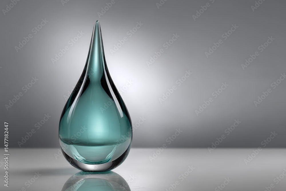 Poster elegant glass teardrop sculpture with smooth surface on reflective table