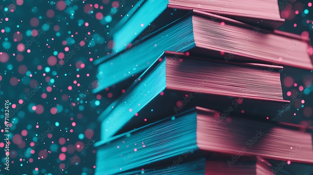 Poster a colorful stack of books with vibrant, glowing dots in the background, creating a magical and creat