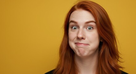 Fototapeta premium Woman Making a Funny Face with Red Hair on Yellow Background