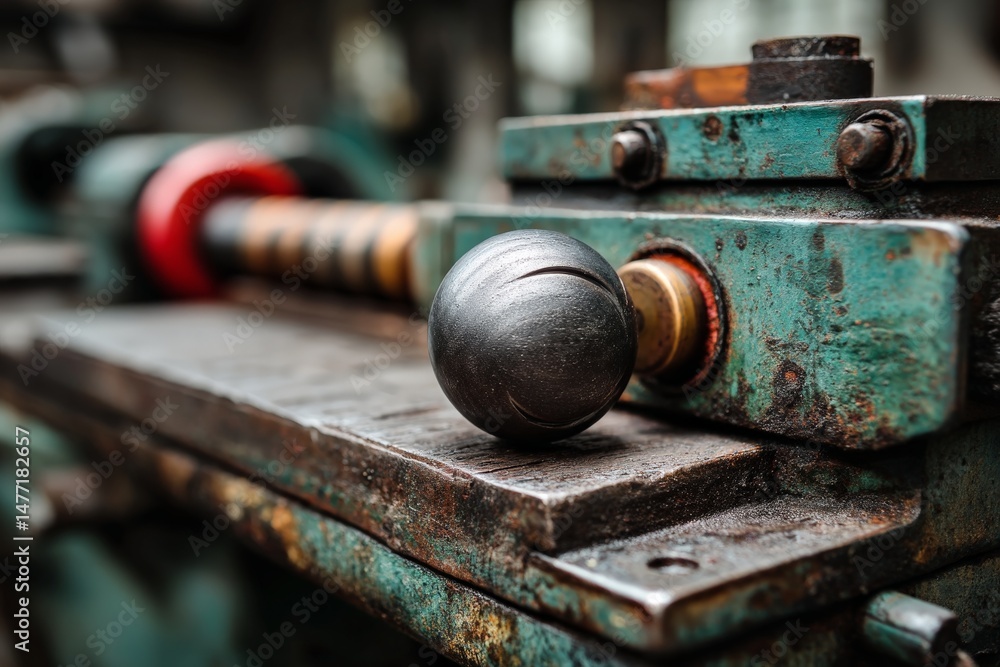 Poster vintage metalworking lathe with worn controls displayed in a workshop
