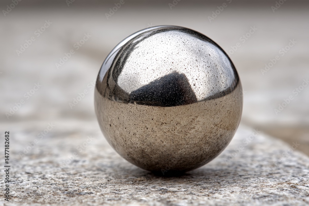 Aufkleber reflections on a polished metallic sphere resting on a textured stone surface in natural light