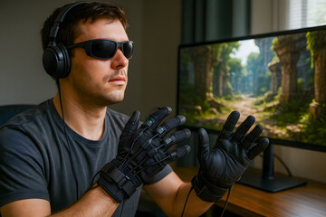 Man using high-tech robotic gloves for VR simulation