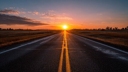 Road stretches into the distance with a bright sunset or sunrise on the horizon.