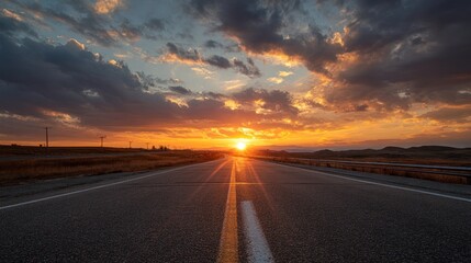 Naklejka premium Road stretches towards sunset with cloudy sky and golden light.