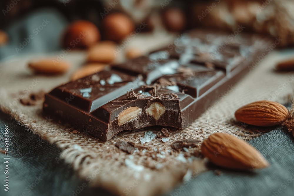 Aufkleber Chocolate bar with almonds on a rustic table near scattered nuts and ingredients creating a cozy atmosphere