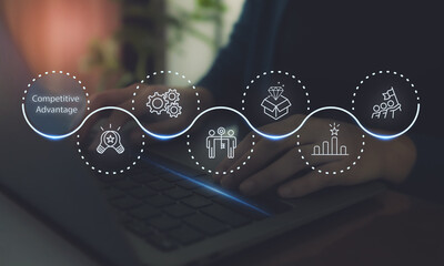 Competitive Advantage Concept. The key to business success. Working on laptop, competitive advantage with the icons of innovation, differentiation strategy, value creation, performance and achievement
