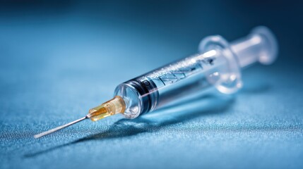 Syringe with needle on blue background for medical injection or vaccination.