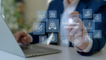 Fototapeta na wymiar Competitive Advantage Concept. The key to business success. Working on laptop, competitive advantage with the icons of innovation, differentiation strategy, value creation, performance and achievement