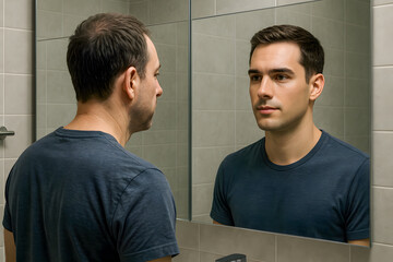 Man confronting his own reflection with emotion