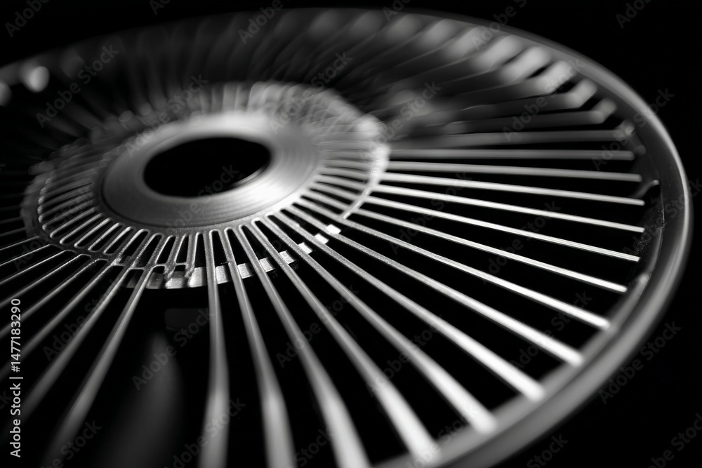 Poster Close-up view of a circular metallic fan blade with intricate design showcasing its fine details and craftsmanship